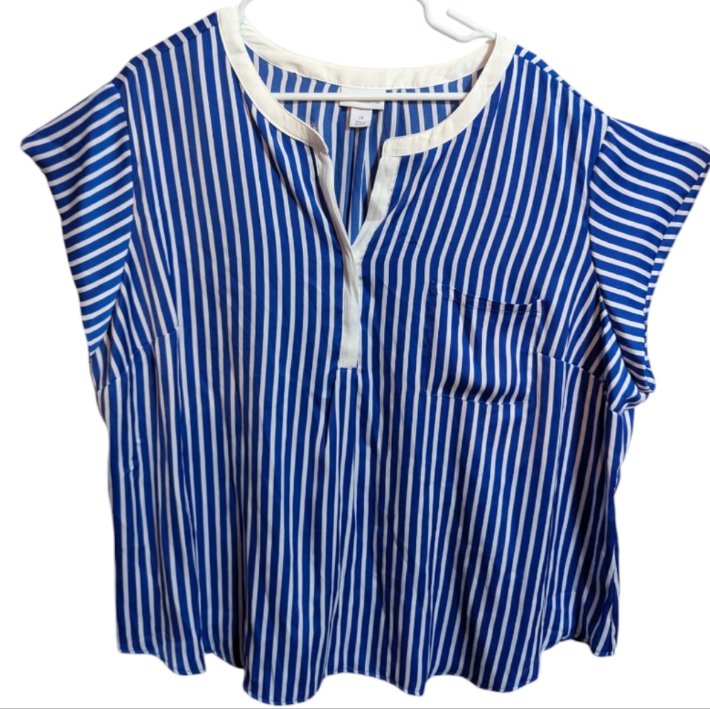 Liz Claiborne womens striped short sleeve top 3X v neck blue white w-254